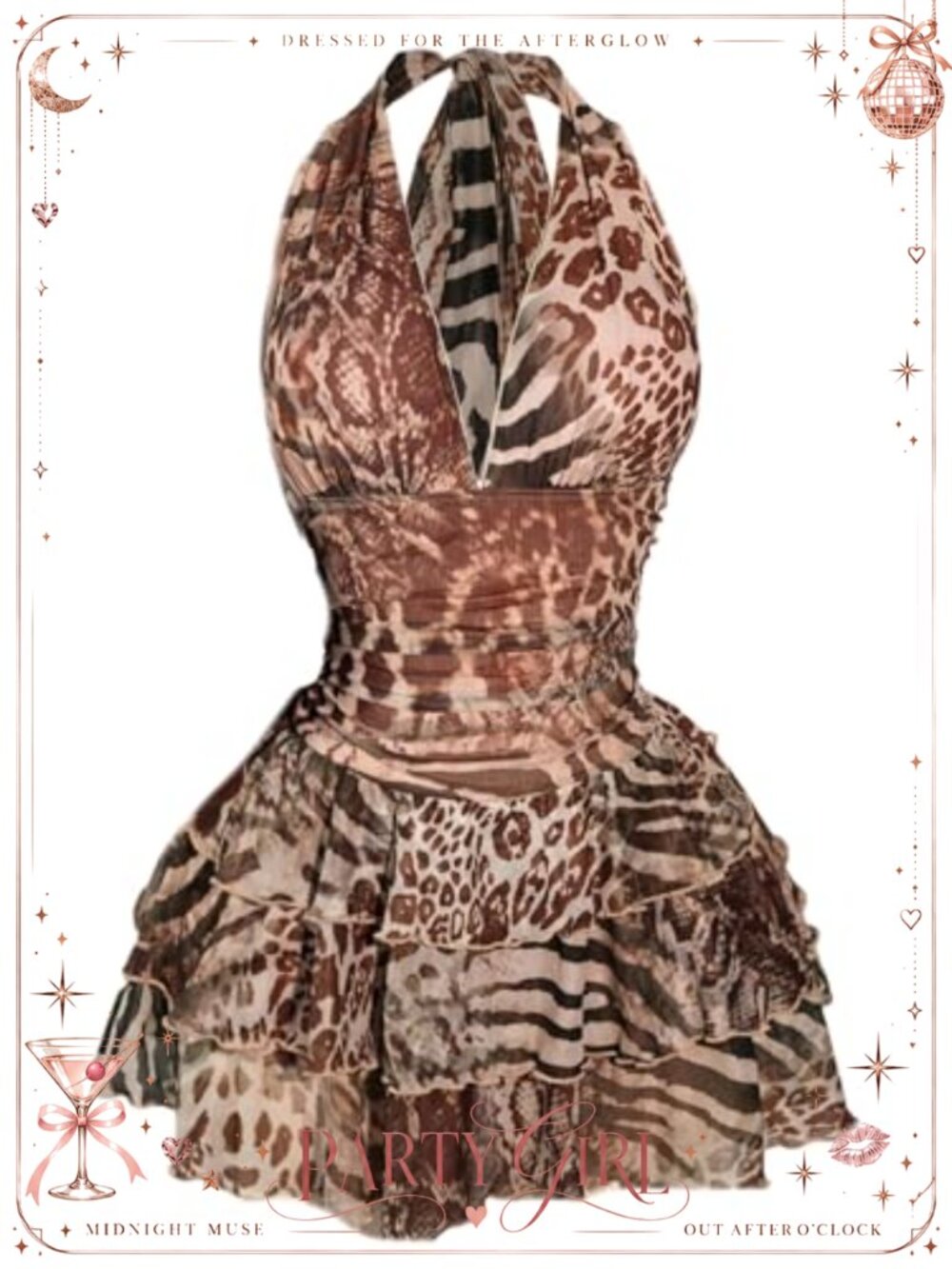 Plus Size Halter Mesh Mini Dress Y2K Animal Print Club Backless